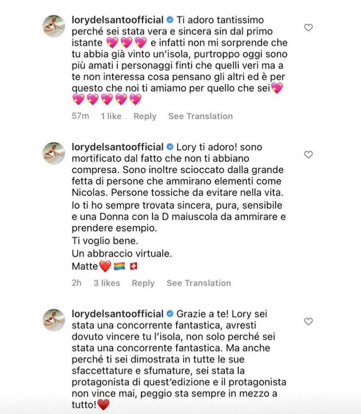 lory del santo commenti social instagram
