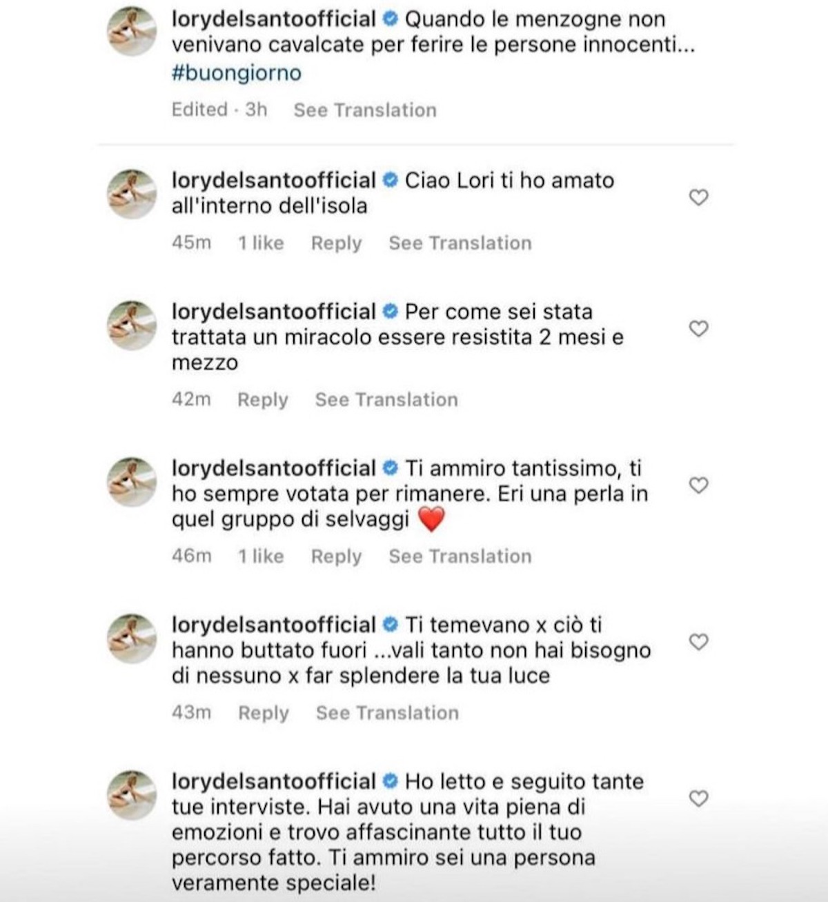 lory del santo commenti social instagram